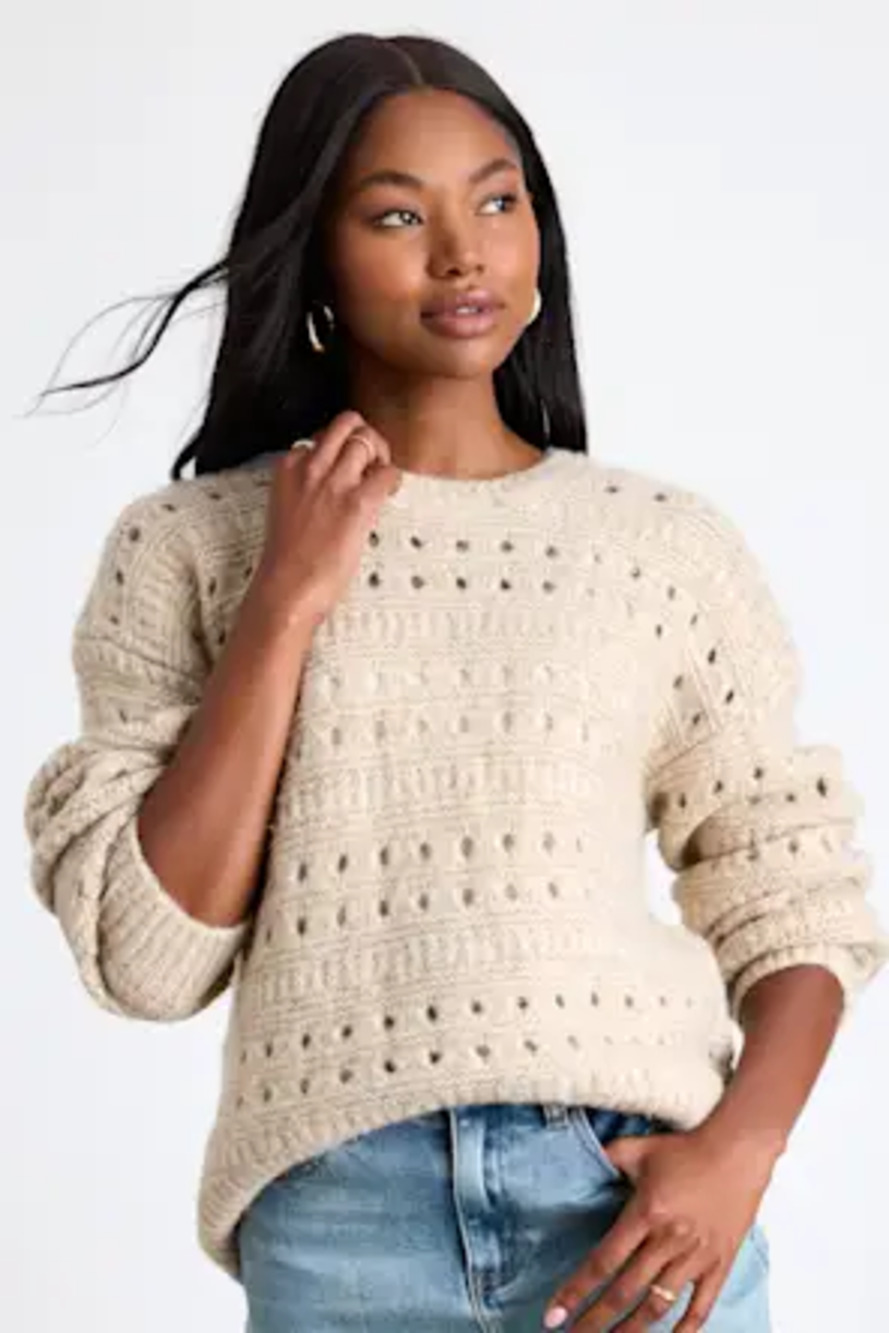 Lulus Mariner Beige Pierced Crew Neck Pullover Sweater - Size M